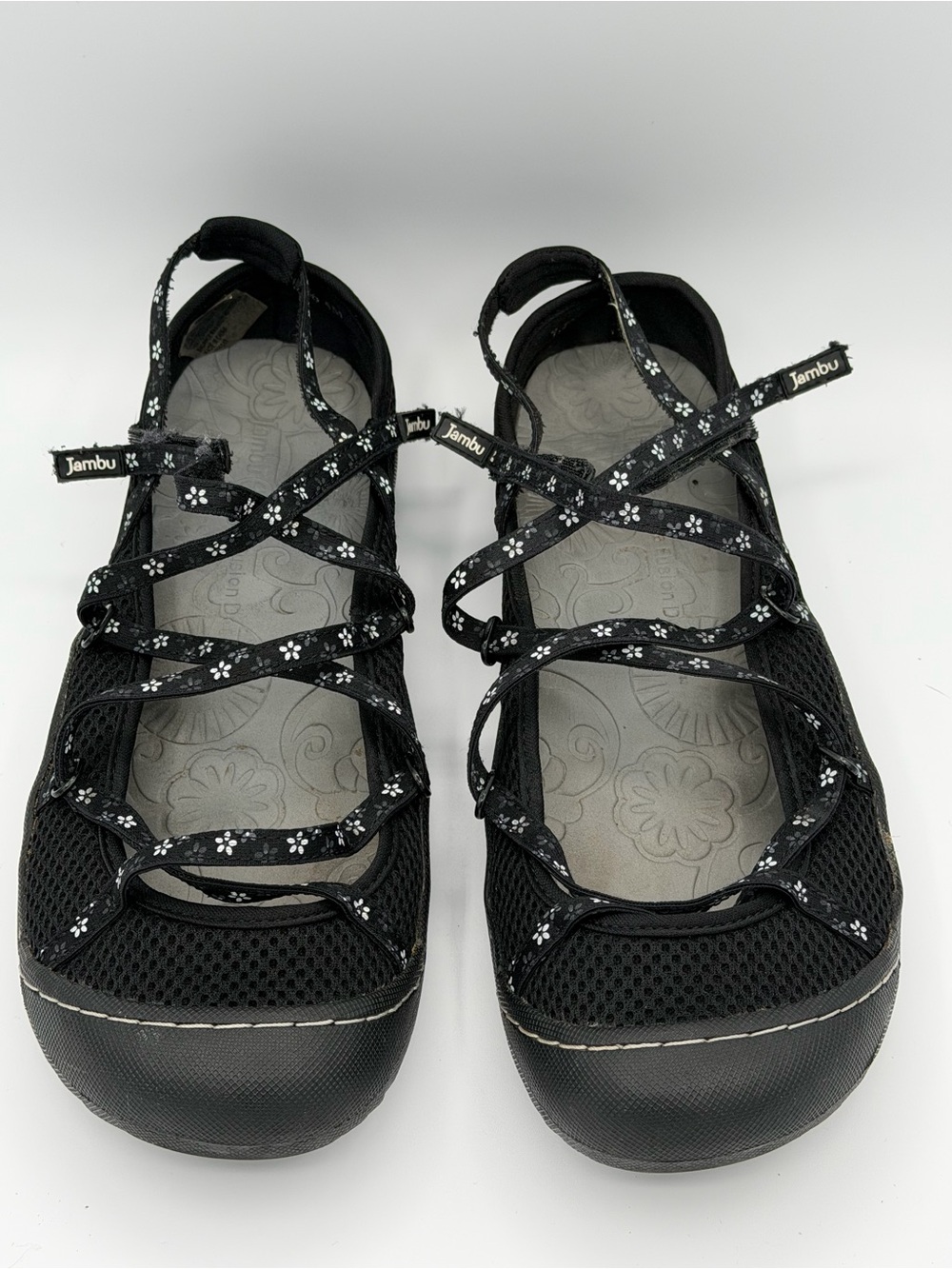 Jambu Capricorn Flowers Black Mary Jane Strappy Comfort Flat Mesh Shoes Size 9.5